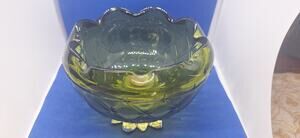 Indiana Glass Avocado Green Candy Dish Duette Quilted Diamond Vintage Glass